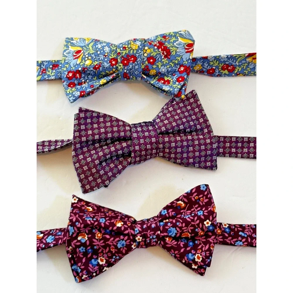 Cremieux Bow Tie Floral Geometric 100% Silk Set of 3 Blue Burgundy Yellow NEW